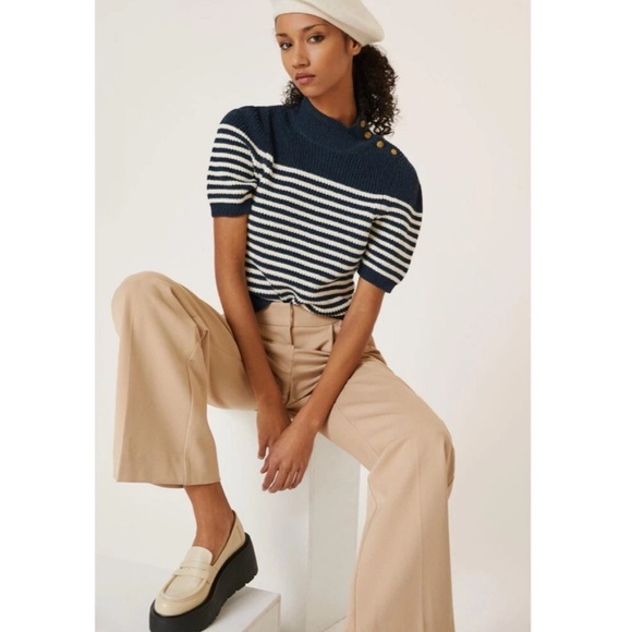 Maeve Stripe Sweater Puff Tee Nautical Navy Blue Sailor Short Sleeve Top Anchor - Picture 2 of 14